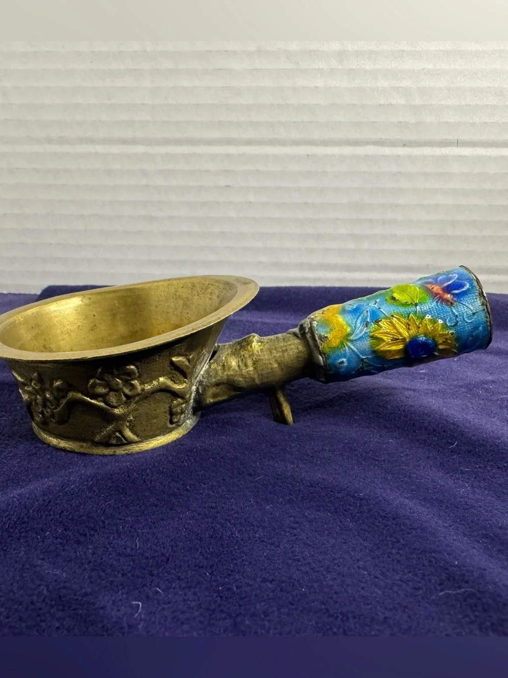 Chinese Vintage Silk Iron Brass Repousse Blue Enamel Floral Detailed Unique